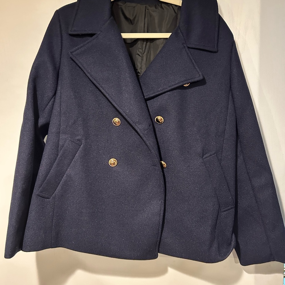 Blue Double-Breasted Pea Coat with Wide Lapels